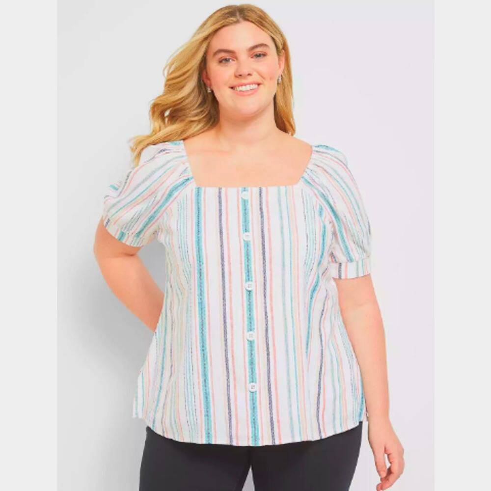 Lane Bryant 14W X-Large Linen Blend Coastal Stripe Square Neck Blouse XL NEW